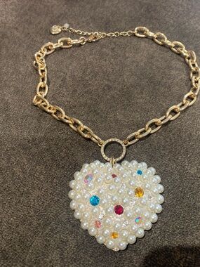 Gold Chain Necklace with Pearl & Multicolor Gem Heart Pendant